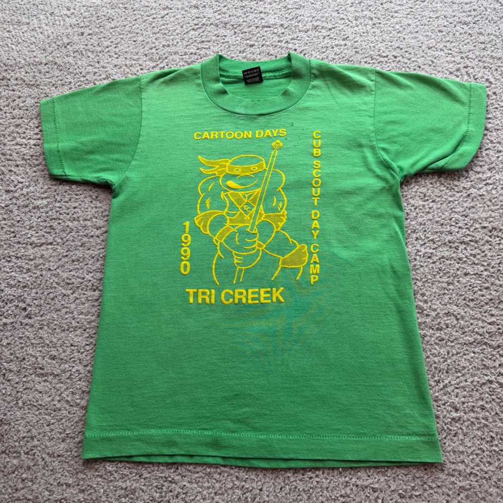 Vintage 1990 Ninja Turtles Cub Scout Day Camp T-Shirt Screen Stars Best Green L